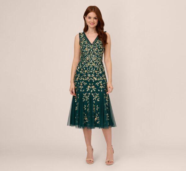 Floral Beaded Midi Dress With Godet Skirt In Gem Green