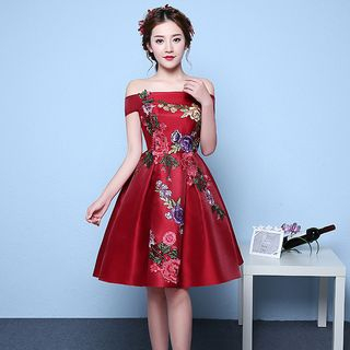 Floral Embroidered Off-Shoulder Cocktail Dress / Evening Gown