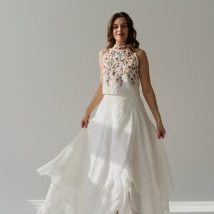 Floral Embroidered Wedding Dress, High Low Linen Two Piece Separates Top & Asymmetrical Skirt