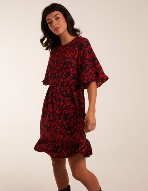 Floral Frill Hem Swing Mini Dress - 14 / RED