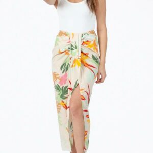 Floral-Print Gathered Sarong Skirt In White Tropical