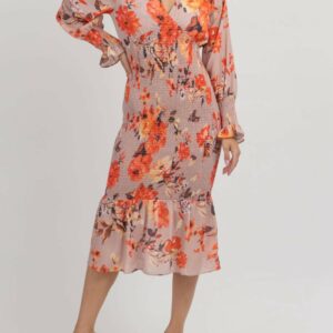 Floral Puff Smock Maxi Dress In Coral