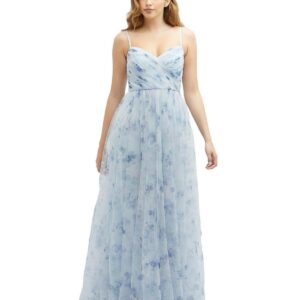 Floral Ruched Wrap Bodice Tulle Dress with Long Full Skirt - Mist garden