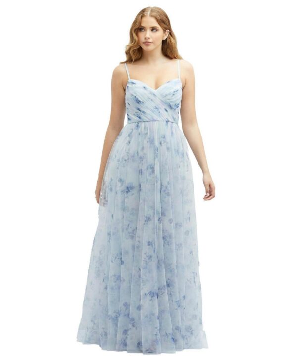 Floral Ruched Wrap Bodice Tulle Dress with Long Full Skirt - Mist garden