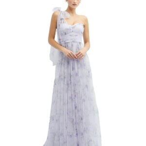 Floral Scarf Tie One-Shoulder Tulle Dress with Long Full Skirt - Lilac haze garden