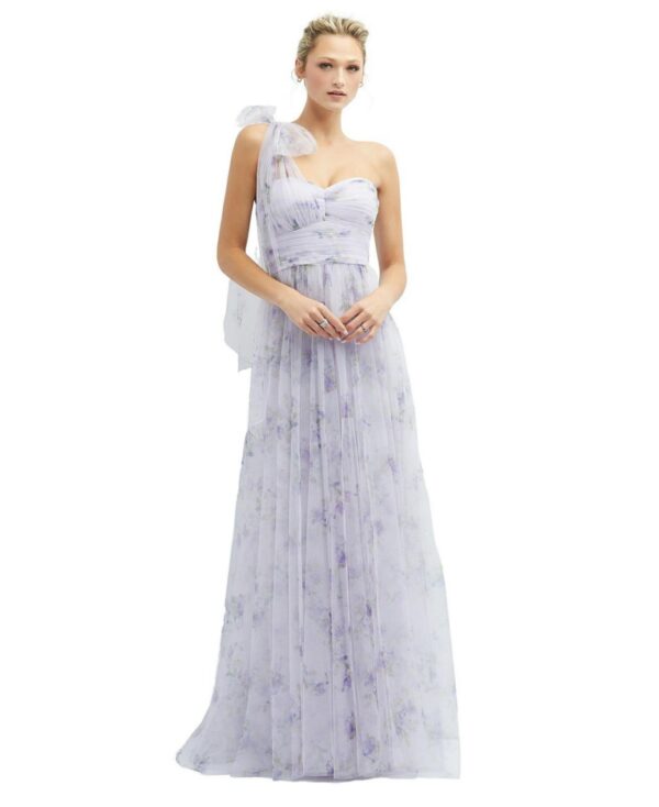 Floral Scarf Tie One-Shoulder Tulle Dress with Long Full Skirt - Lilac haze garden