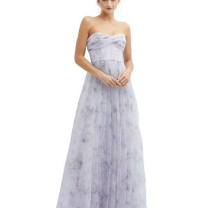 Floral Strapless Twist Cup Corset Tulle Dress with Long Full Skirt - Lilac haze garden