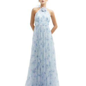 Floral Tie-Back Halter Tulle Dress with Long Full Skirt & Rosette Detail - Mist garden