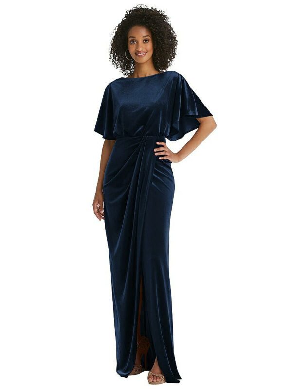 Flutter Sleeve Open-Back Velvet Maxi Dress with Draped Wrap Skirt in Midnight Navy