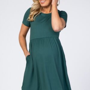 Forest Green Short Sleeve Babydoll Maternity Dress