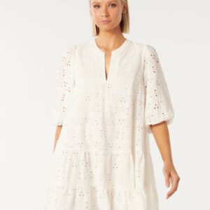 Forever New Women's Palermo Broderie Mini Smock Dress in Porcelain, Size 16 Main/Cotton