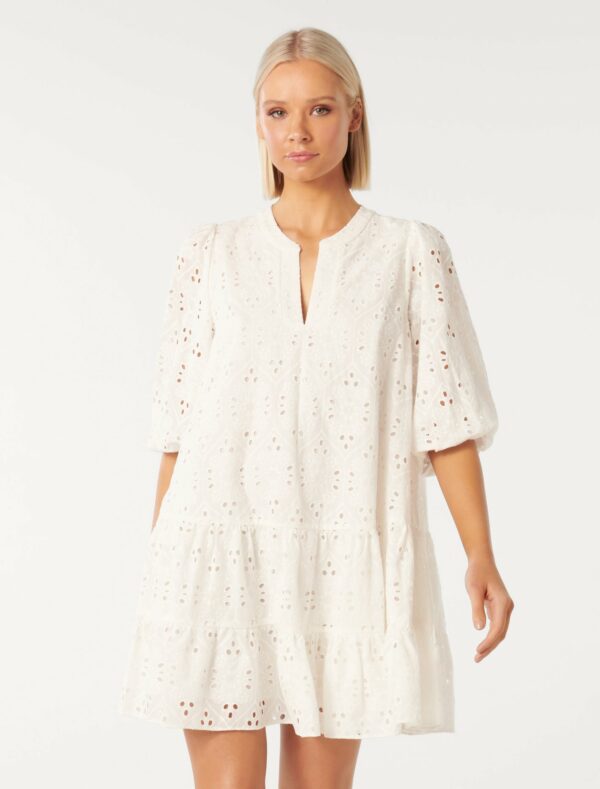 Forever New Women's Palermo Broderie Mini Smock Dress in Porcelain, Size 16 Main/Cotton