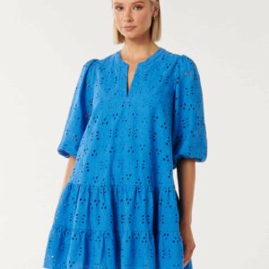 Forever New Women's Palermo Broderie Mini Smock Dress in Soft Cobalt, Size 14 Main/Cotton