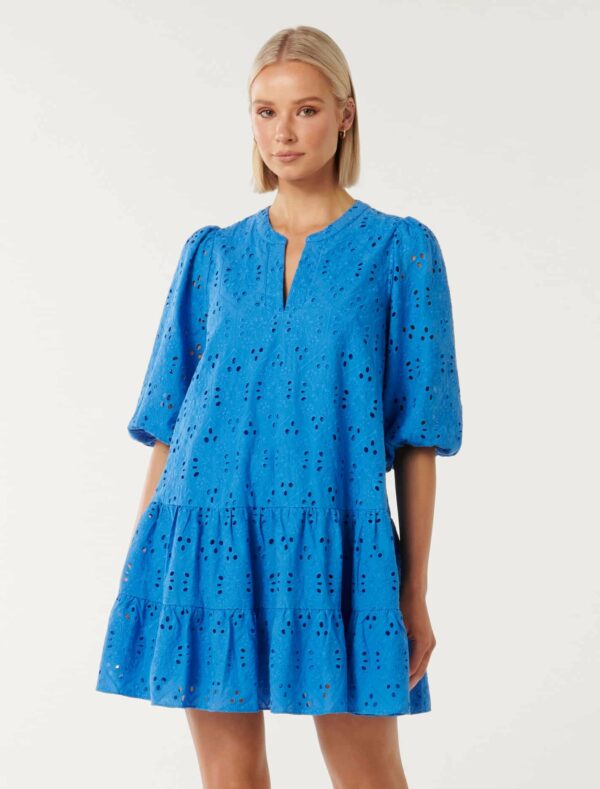 Forever New Women's Palermo Broderie Mini Smock Dress in Soft Cobalt, Size 14 Main/Cotton