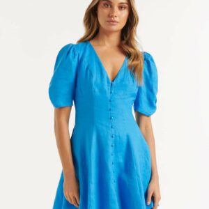 Forever New Women's Rowan Linen Tea Dress in Vivid Cornflower, Size 6 Linen/Viscose