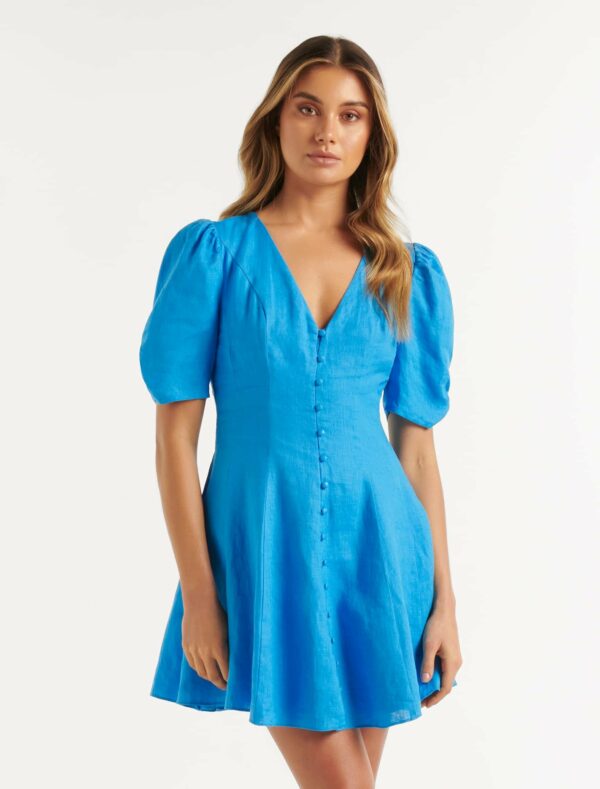 Forever New Women's Rowan Linen Tea Dress in Vivid Cornflower, Size 6 Linen/Viscose