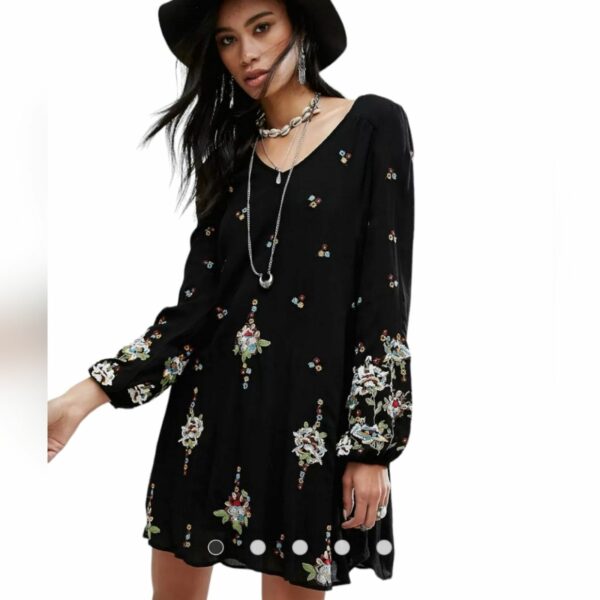 Free People Embroidered Mini Smock Dress Medium in Black, Women's