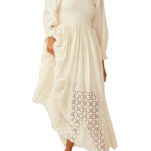 Free People Perfect Storm Smocked Eyelet Long Sleeve Maxi Dress in Tea at Nordstrom, Size Medium