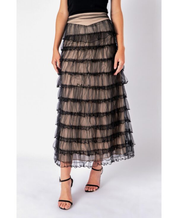 Free the Roses Women's Layered Tulle Midi Skirt - Black/nude