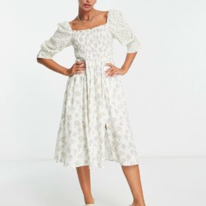 French Connection square neck midi tea dress in tonal floral-Neutral