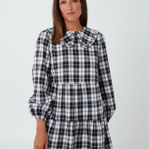 Frill Collar Check Smock Dress - 12 / BLACK/WHITE