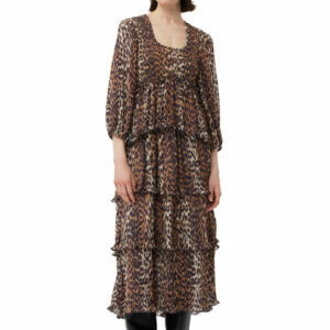 GANNI Almond Milk 3/4 Sleeve Leopard Pleated Georgette Flounce Smock Midi Dress Size 12 Polyester Women's