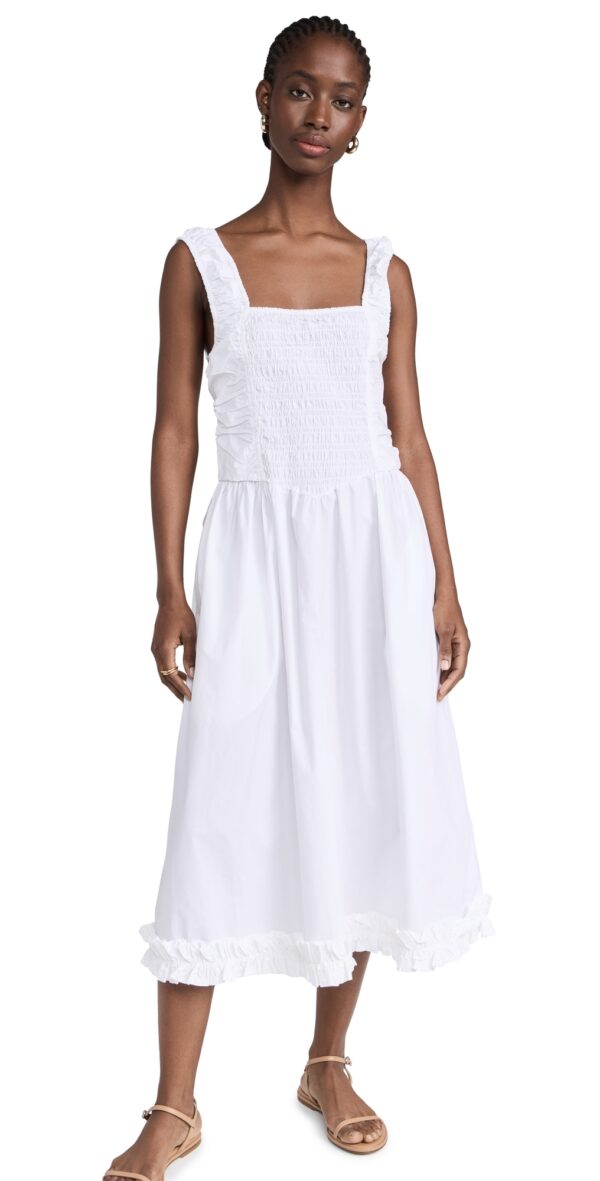 GANNI Cotton Poplin Midi Strap Smock Dress Bright White 40