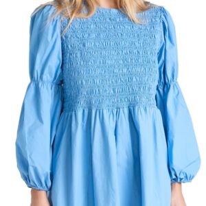 GANNI Cotton Poplin Mini Smock Dress Silver Lake Blue 38