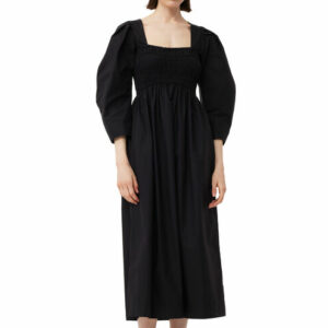 GANNI CottonPoplin Open-neck Smock Long Dress in Black Size 4 Women's