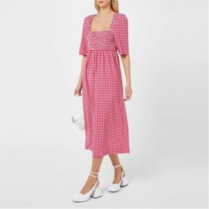 GANNI Seersucker Smock Dress - Pink