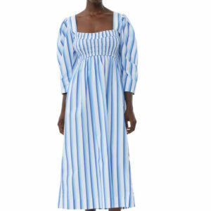 GANNI Silver Lake Blue Blue Striped Cotton Smock Long Dress Size 12 Women's