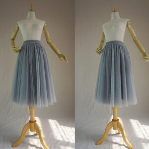 GRAY Dot Tulle Midi Skirt Women's Custom Plus Size Fluffy Tulle Skirt