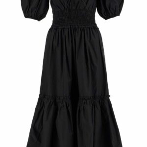 Ganni Midi Dress With Smock Stitching in Nero, Women's (Size 2XS)