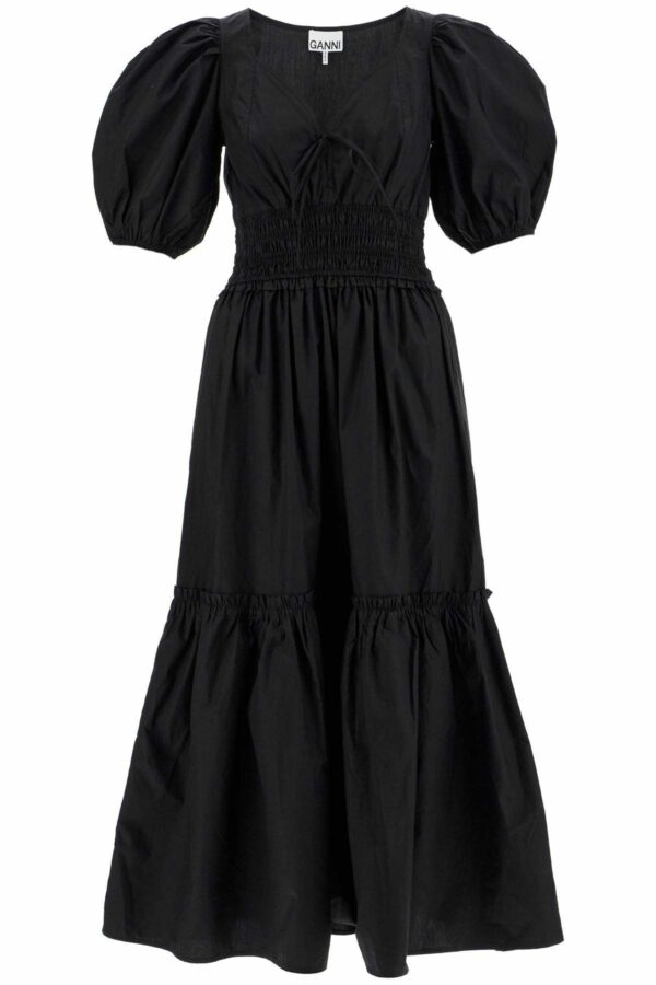 Ganni Midi Dress With Smock Stitching in Nero, Women's (Size 2XS)