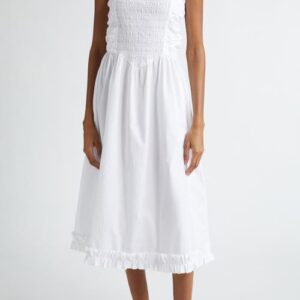 Ganni Smock Bodice Organic Cotton Poplin Midi Dress in Bright White at Nordstrom, Size 16 Us