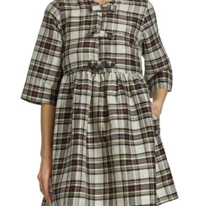 Ganni Women's Plaid Ribbon Babydoll Dress - Open White - Size 42 (10)