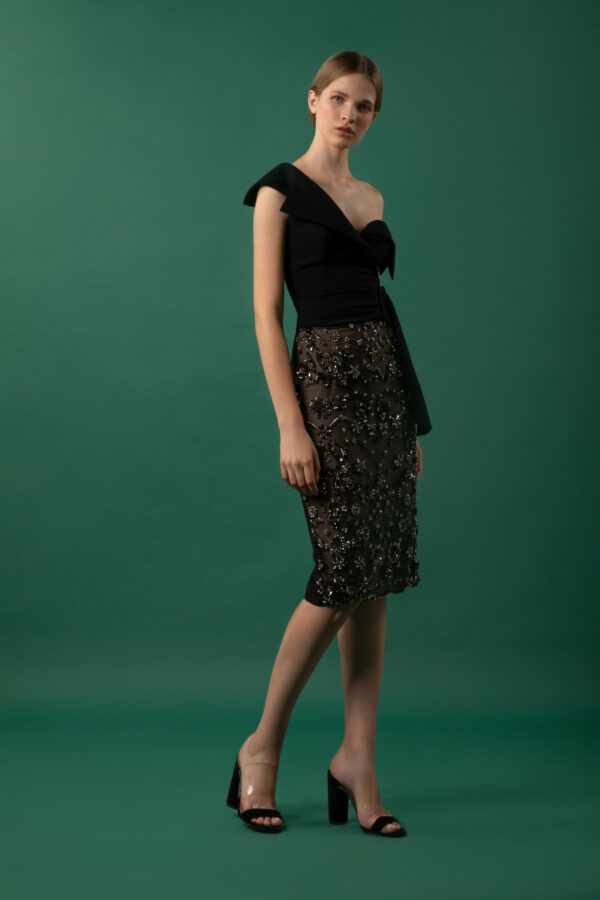 Gemy Maalouf Asymmetrical Cross Over Top and Beaded Skirt