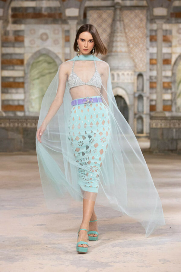 Georges Hobeika Beaded Bralette & Skirt with Tulle Shawl