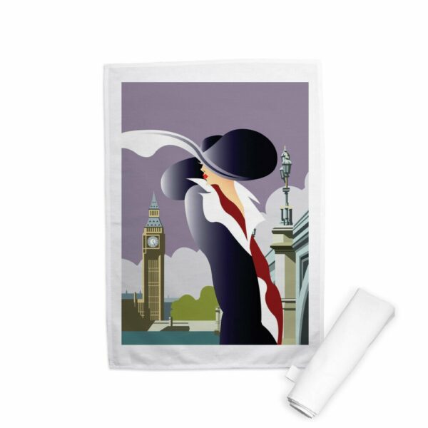 Glamorously Dressed Woman in London with Big Ben Tea Towel