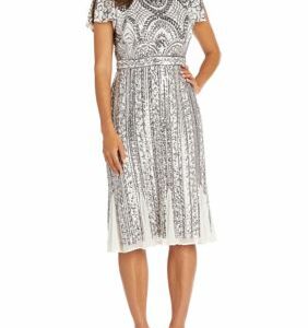 Gotham Steel Women's Art Deco Godet Inset Tea Length Mesh Beaded Dress, Ivory, 14