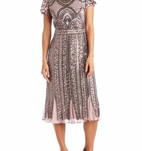 Gotham Steel Women's Art Deco Godet Inset Tea Length Mesh Beaded Dress, Mauve, 12