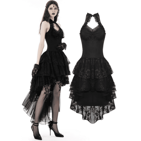 Gothic Lace High-Low Halter Dress with Tiere Skirt