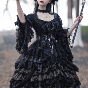 Gothic Lolita OP Dress Black Long Sleeve Polyester Tea Party Witch Lace Lolita One Piece Dress