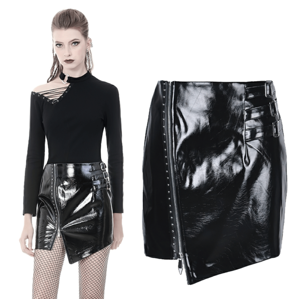 Gothic Patent Leather Mini Skirt with Asymmetrical Hem