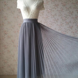 Gray Pleated Long Tulle Skirt Women Custom Plus Size Tulle Prom Skirt