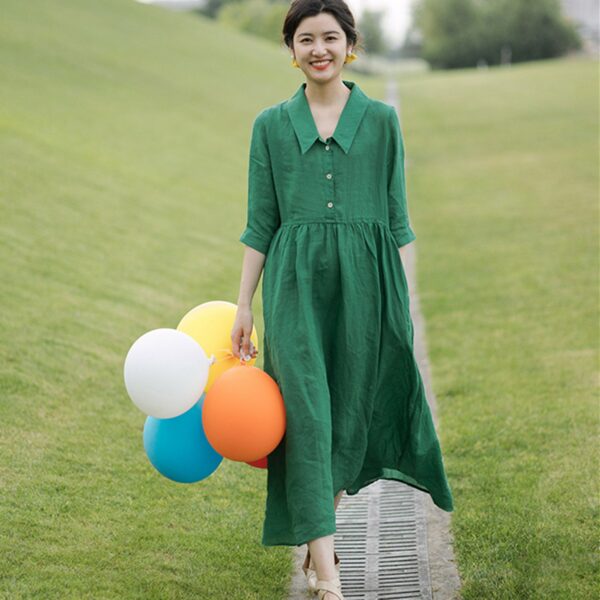 Green Dress, Half Sleeve Ramie Dress, Linen Smock Dress, Loose Linen Dress, Midi Dress, Handmade Dress