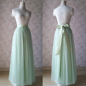 Green Floor Length Tulle Skirt Bridesmaid Plus Size Tulle Maxi Skirt Back-bow