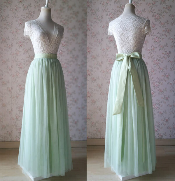 Green Floor Length Tulle Skirt Bridesmaid Plus Size Tulle Maxi Skirt Back-bow