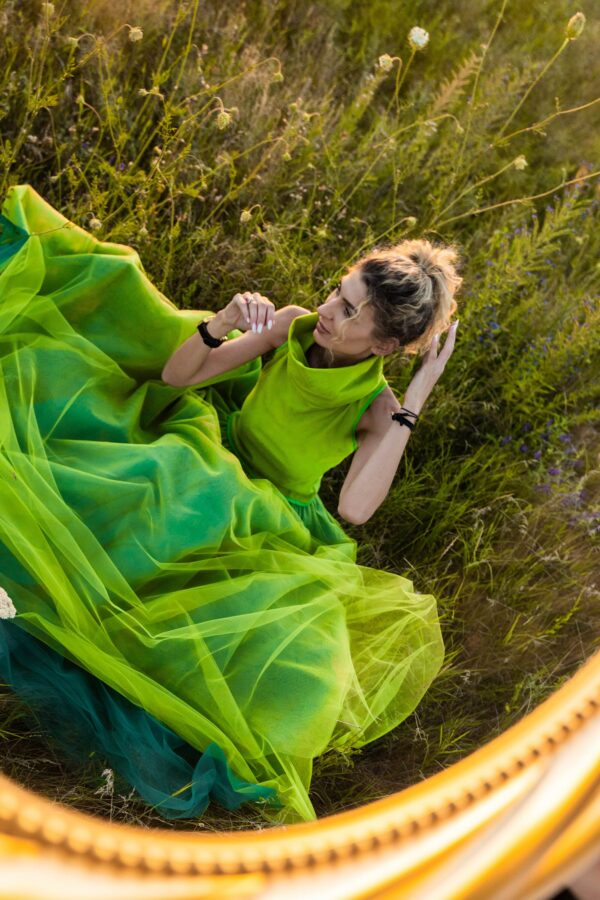 Green Summer Women Skirt & Top/Soft Elastic Fabric Skirt/Tulle Skirt/Pleated Skirt/Loose Tulle Long Maxi Skirt/Flowy