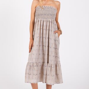 Grey Floral Print Smocked Bodice Tube Top Midi Dress